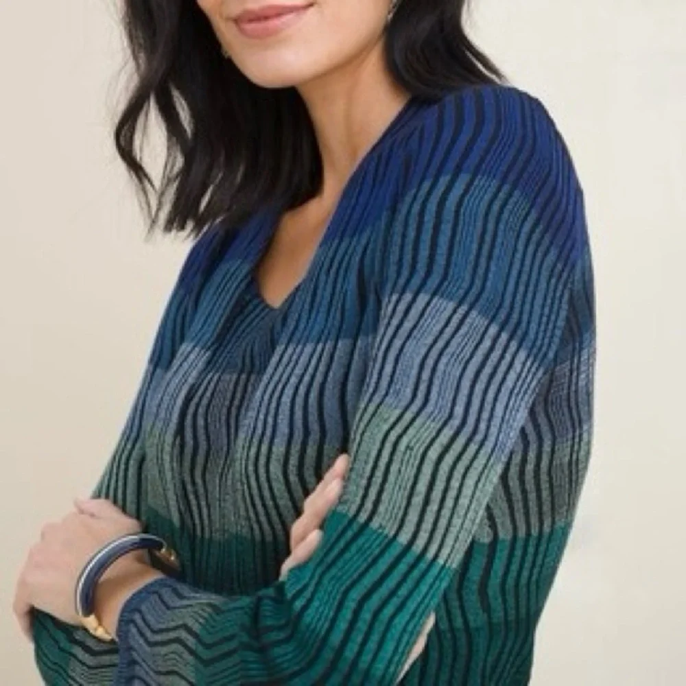 Chicos Blue Green Striped Open Front Cardigan Sweater Jacket Size 0